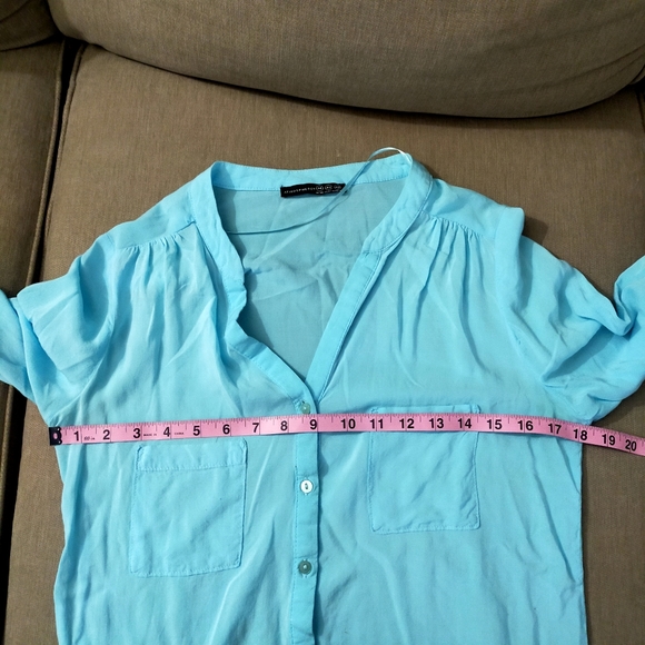 Atmosphere Light Blue V Neck Long Sleeves Light Button Down Top - Picture 8 of 12